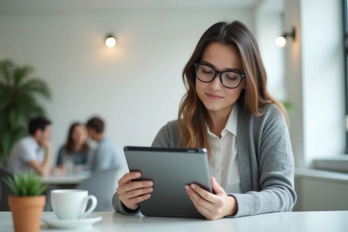 Femme adulte dyslexique utilisant une application de correction orthographique sur tablette au bureau