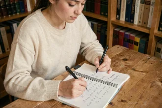 Jeune femme écrivant les lettres de l'alphabet français dans un cahier sur un bureau en bois