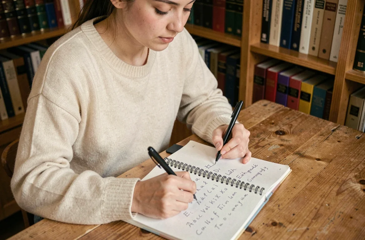 Jeune femme écrivant les lettres de l'alphabet français dans un cahier sur un bureau en bois
