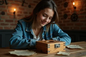 Jeune femme concentrée résolvant une énigme dans une salle d'escape game avec boîte à indices en bois