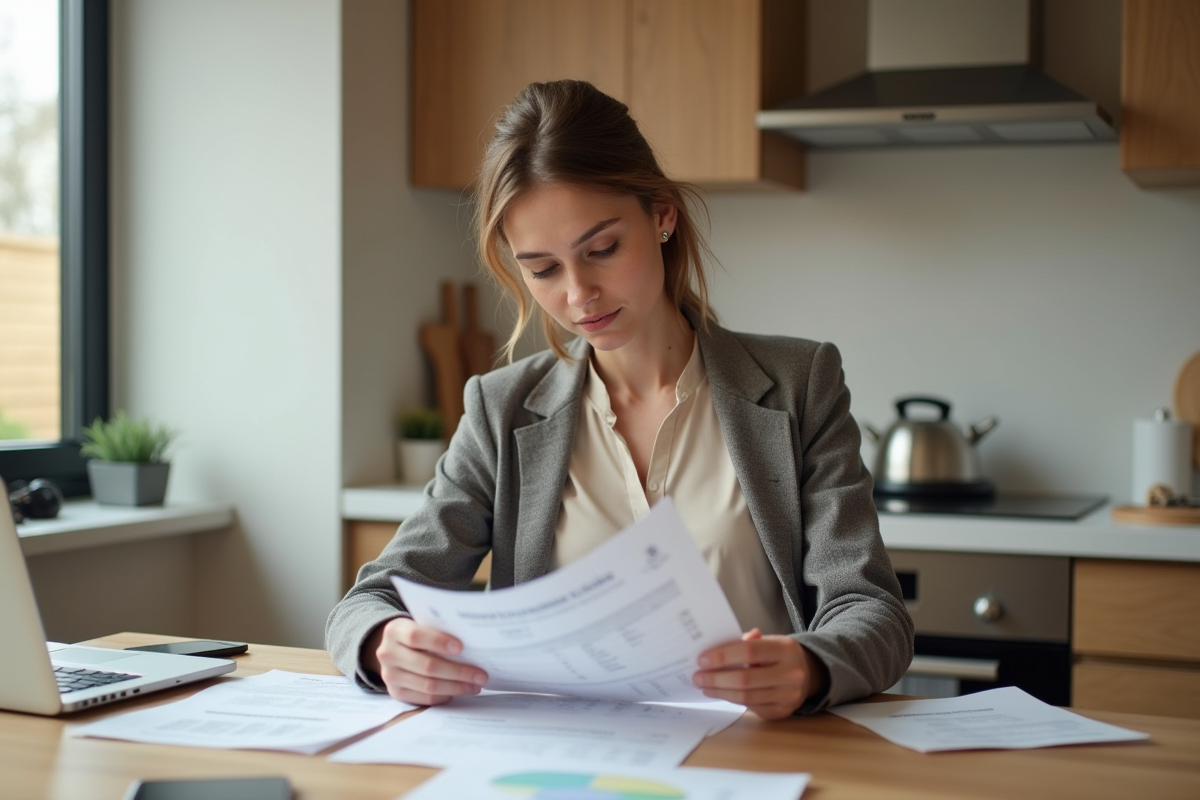 Femme examine un devis solaire à la maison dans une cuisine moderne