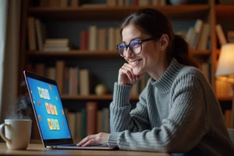 Femme concentrée jouant à un jeu sémantique en ligne sur son ordinateur portable dans un bureau à domicile chaleureux