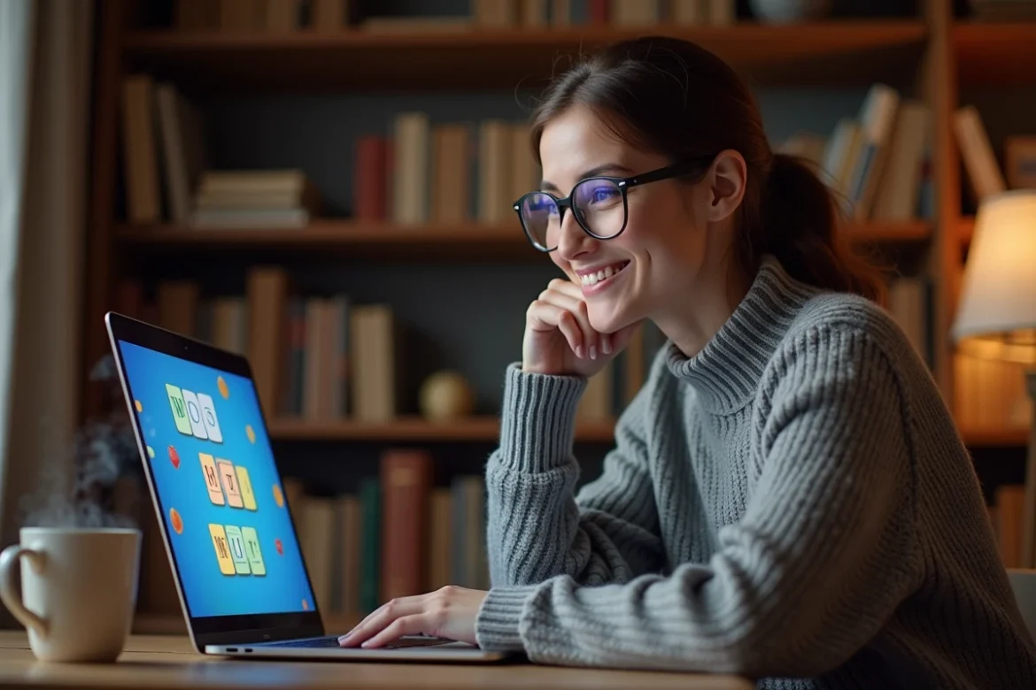 Femme concentrée jouant à un jeu sémantique en ligne sur son ordinateur portable dans un bureau à domicile chaleureux