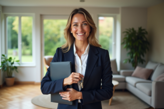 Femme souriante tenant des clés dans un salon moderne