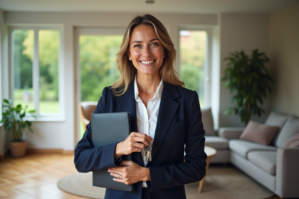 Femme souriante tenant des clés dans un salon moderne