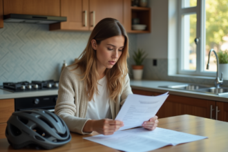 Femme assise à la cuisine en train de lire des documents