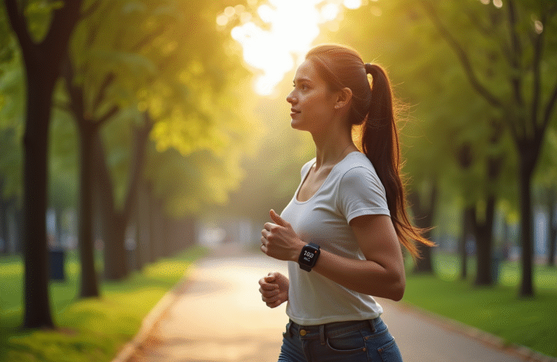 Jeune femme marchant dans un parc urbain ensoleille avec montre connectee