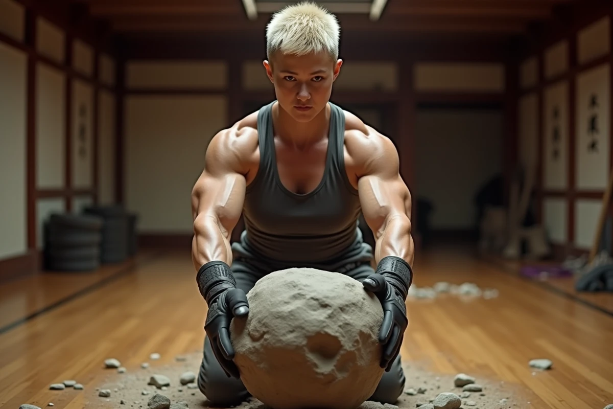 Femme musclée brisant une roche dans un dojo intérieur