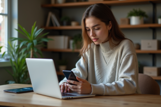 Jeune femme concentrée avec ordinateur et tablette crypto
