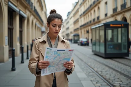 Femme consultant un plan imprimé du tram de Bordeaux à un arrêt de tramway en centre-ville