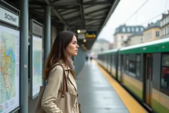 Femme consultant le plan du réseau de tramway de Nantes sur un panneau installé sur le quai d'arrêt