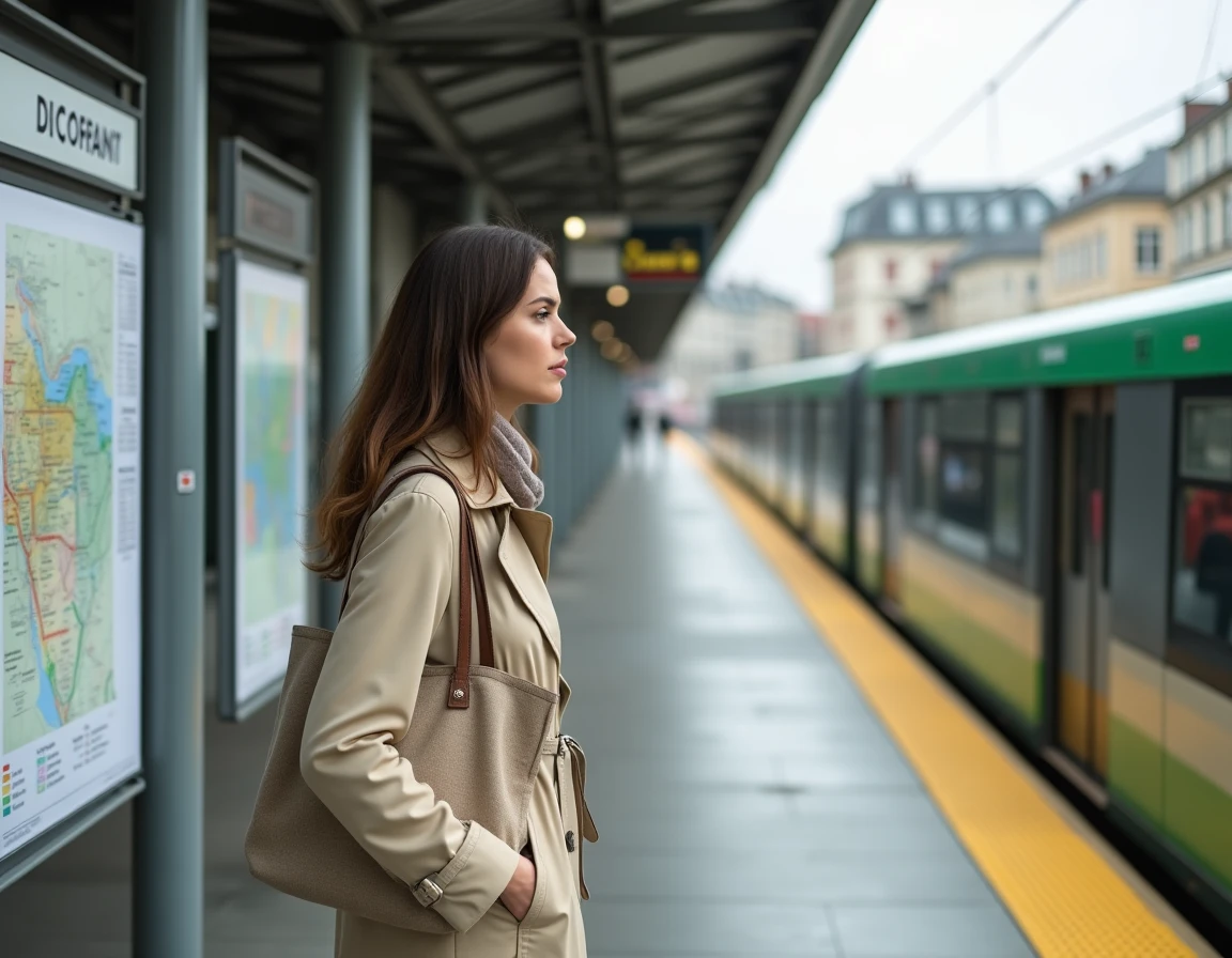 Femme consultant le plan du réseau de tramway de Nantes sur un panneau installé sur le quai d'arrêt