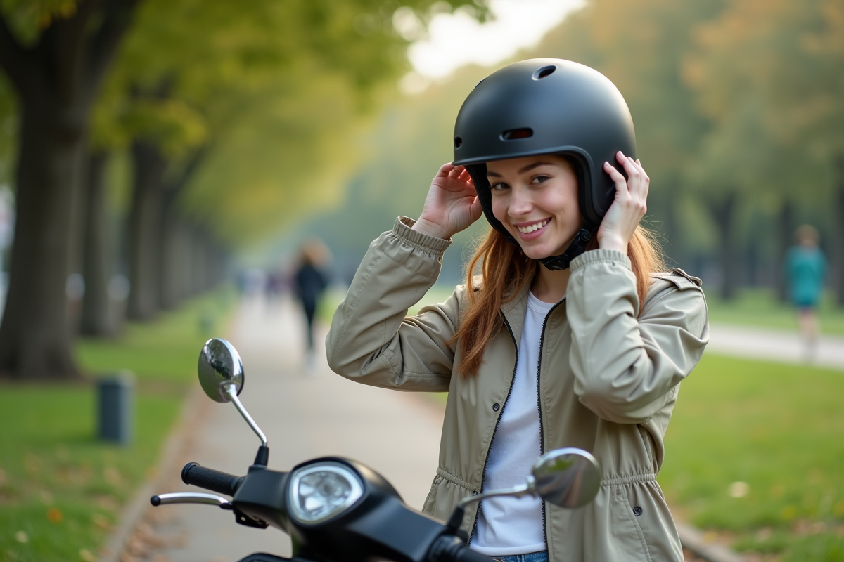 Femme ajustant son casque près du scooter au parc