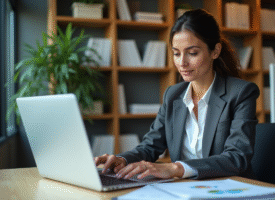 Femme confiante en blazer dans un bureau moderne