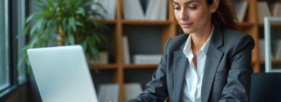 Femme confiante en blazer dans un bureau moderne