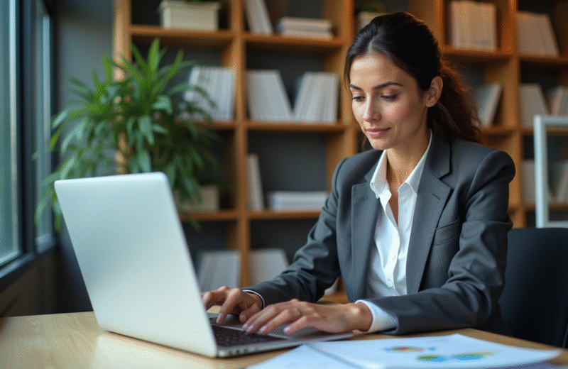 Femme confiante en blazer dans un bureau moderne