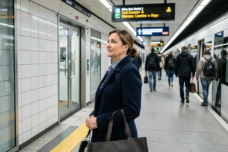 Femme attentive sur le quai de la ligne 14 du métro parisien, vérifiant les informations d'affichage pour voyager en sécurité