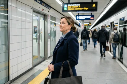 Femme attentive sur le quai de la ligne 14 du métro parisien, vérifiant les informations d'affichage pour voyager en sécurité