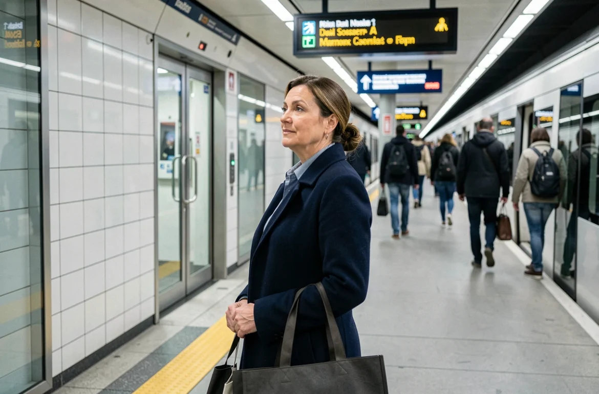 Femme attentive sur le quai de la ligne 14 du métro parisien, vérifiant les informations d'affichage pour voyager en sécurité