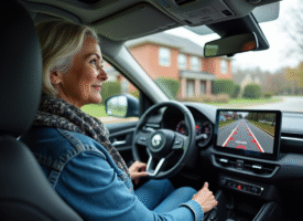Femme dans une voiture SUV regardant en arrière