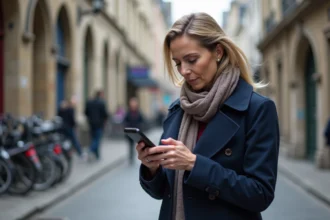 Femme en trench bleu utilisant son smartphone dans la rue de Caen