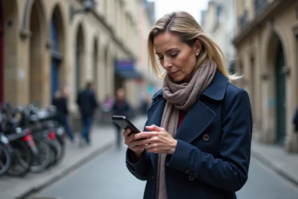 Femme en trench bleu utilisant son smartphone dans la rue de Caen