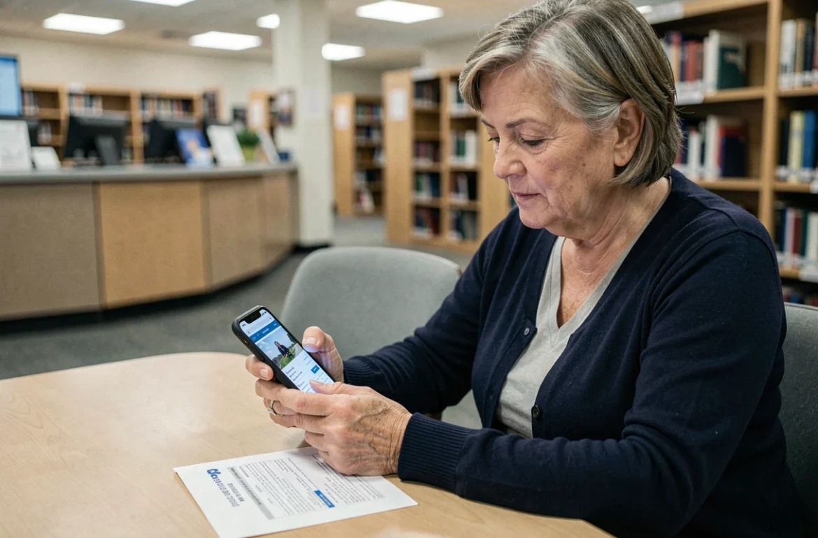 Femme retraitée consultant l'espace CGOS sur son smartphone dans un environnement administratif pour vérifier ses remboursements