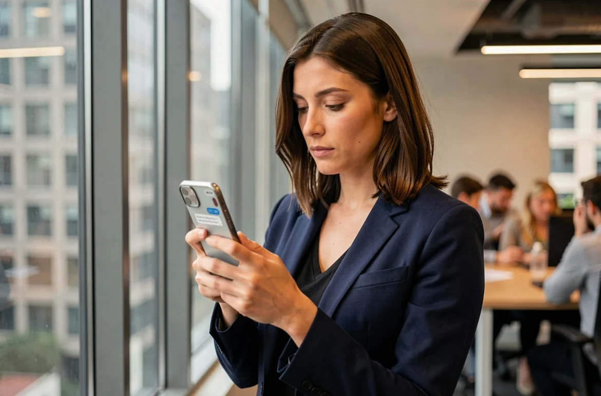 Femme consultant une application de messagerie anonyme sur son téléphone dans un bureau moderne