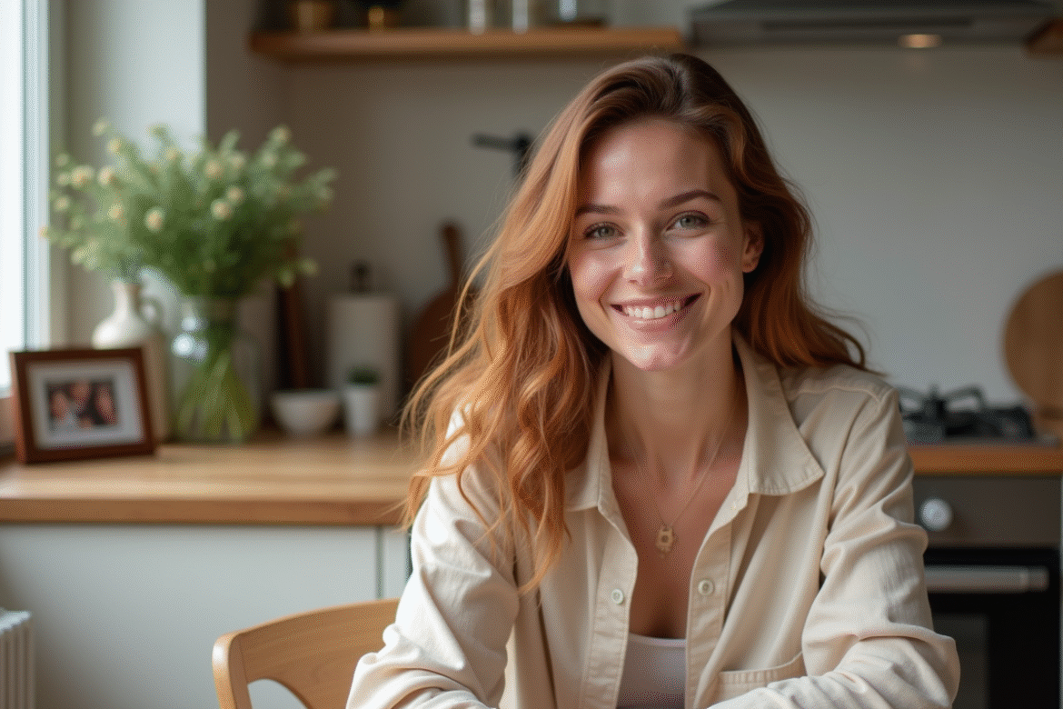 Femme souriante dans une cuisine lumineuse et chaleureuse
