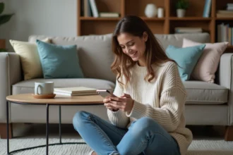 Femme souriante jouant à Candy Crush dans son salon