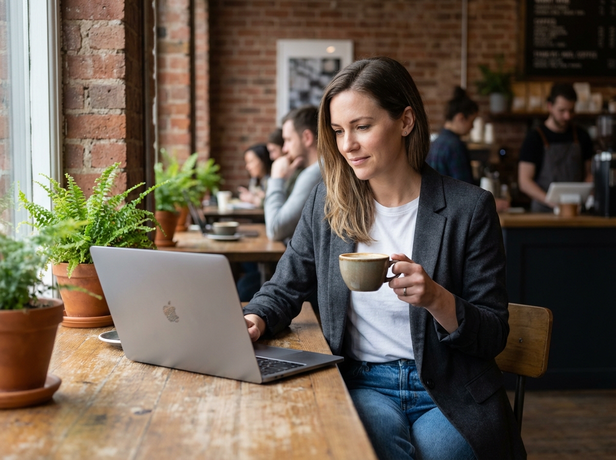 Femme travaillant sur son ordinateur dans un café moderne