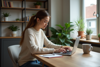 Jeune femme concentrée travaillant sur son ordinateur dans un appartement lumineux