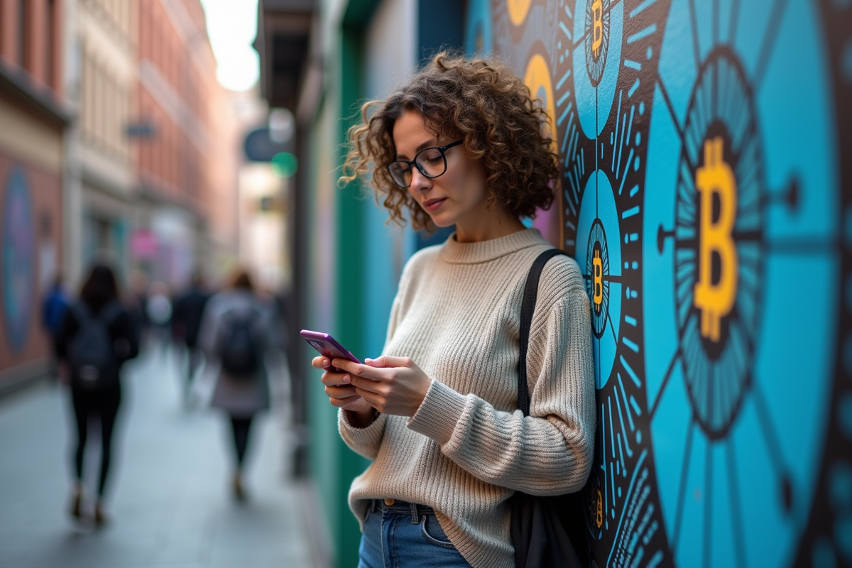 Femme regardant son smartphone devant un mural blockchain urbain