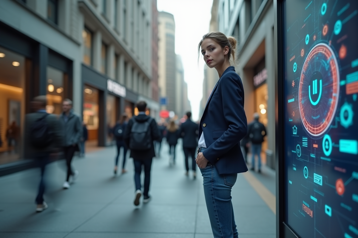 Jeune femme regardant un panneau digital en ville
