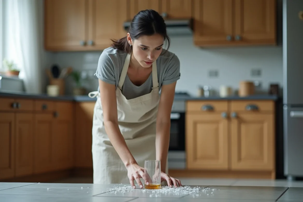 Femme regardant un verre blanc cassé sur le sol de sa cuisine, expression surprise et pensive face aux éclats de verre
