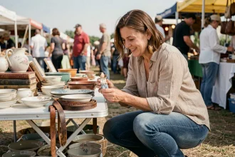 Femme parcourant les articles d'un vide-grenier en plein air dans le Nord