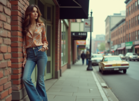 Femme en jeans flare et blouse vintage dans la rue