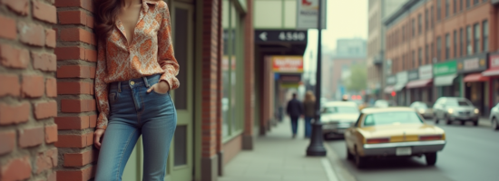 Femme en jeans flare et blouse vintage dans la rue
