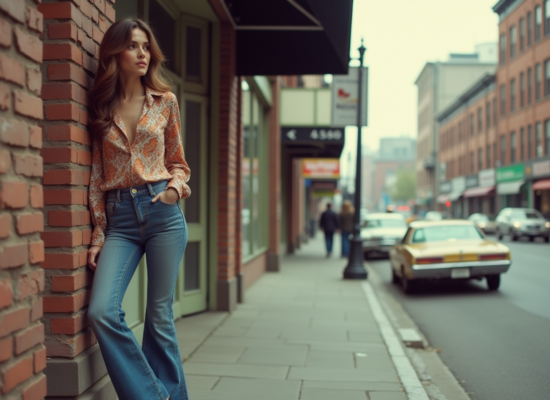 Femme en jeans flare et blouse vintage dans la rue