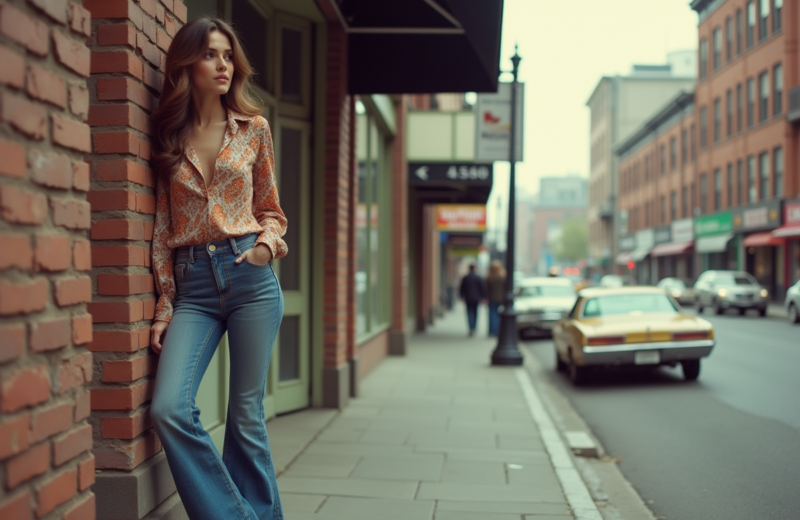 Femme en jeans flare et blouse vintage dans la rue