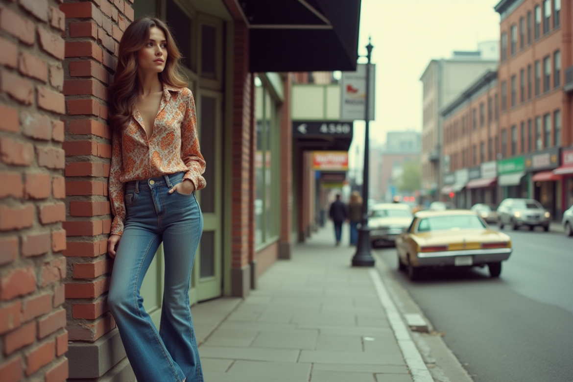 Femme en jeans flare et blouse vintage dans la rue