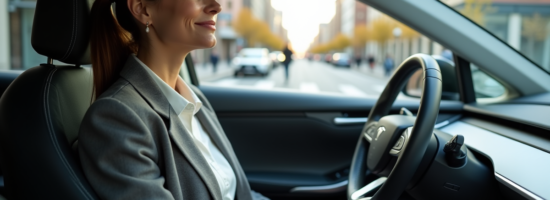 Femme détendue dans une voiture électrique en ville