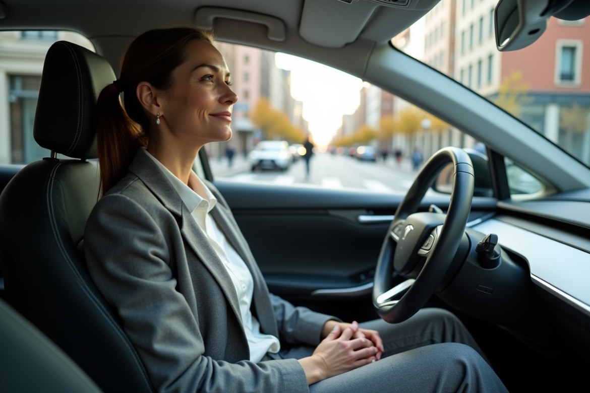 Femme détendue dans une voiture électrique en ville