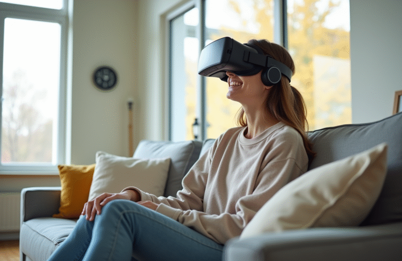 Jeune femme portant un casque VR dans un salon lumineux