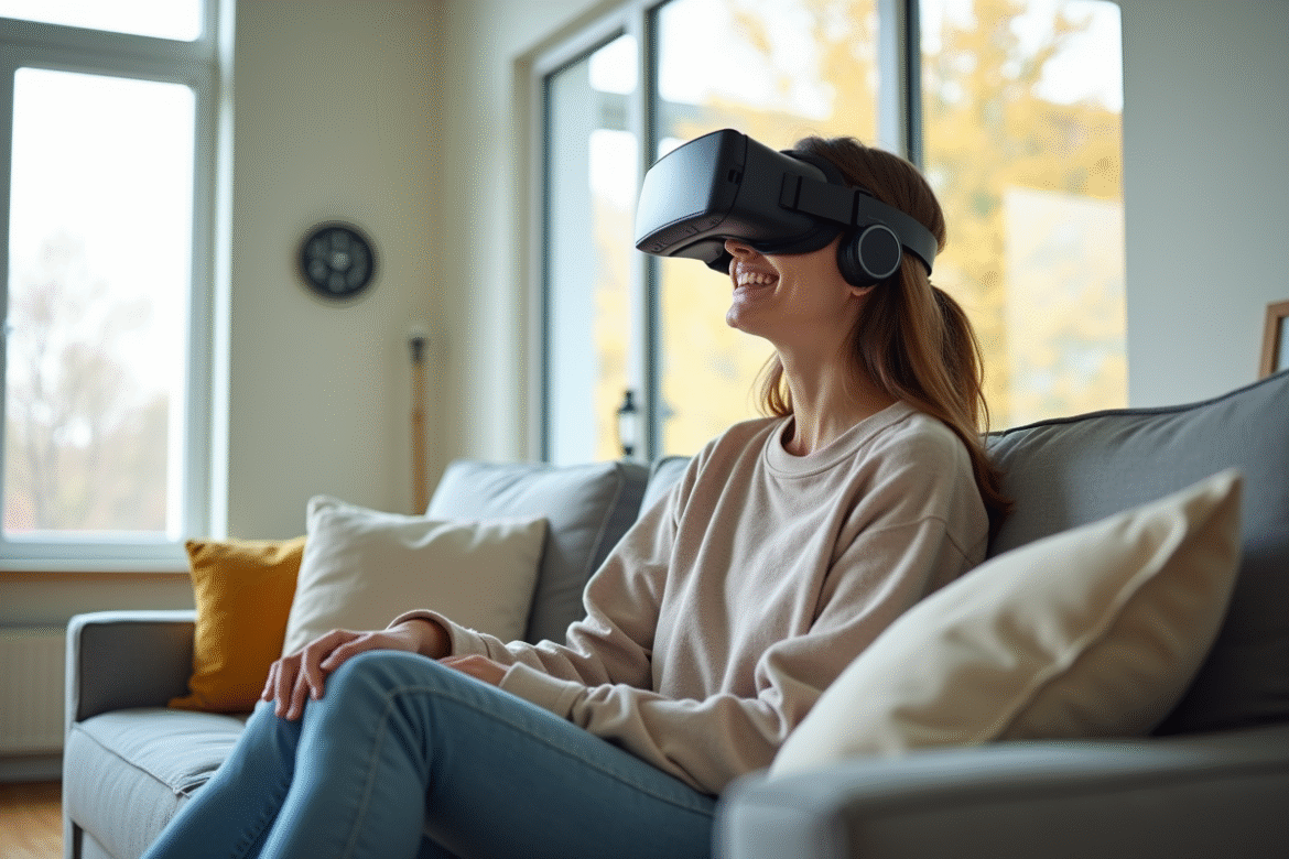 Jeune femme portant un casque VR dans un salon lumineux