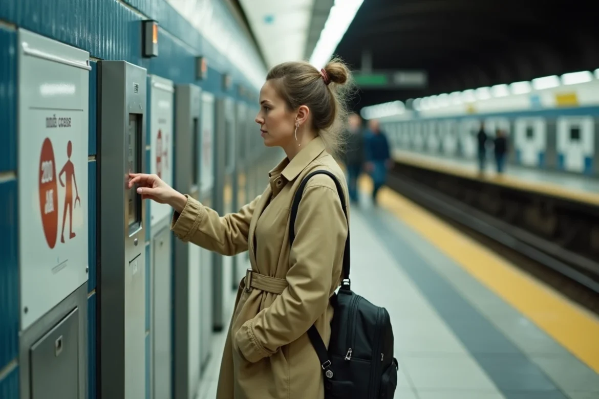 Femme consultant les horaires d'un WC public dans un couloir de station de métro parisien