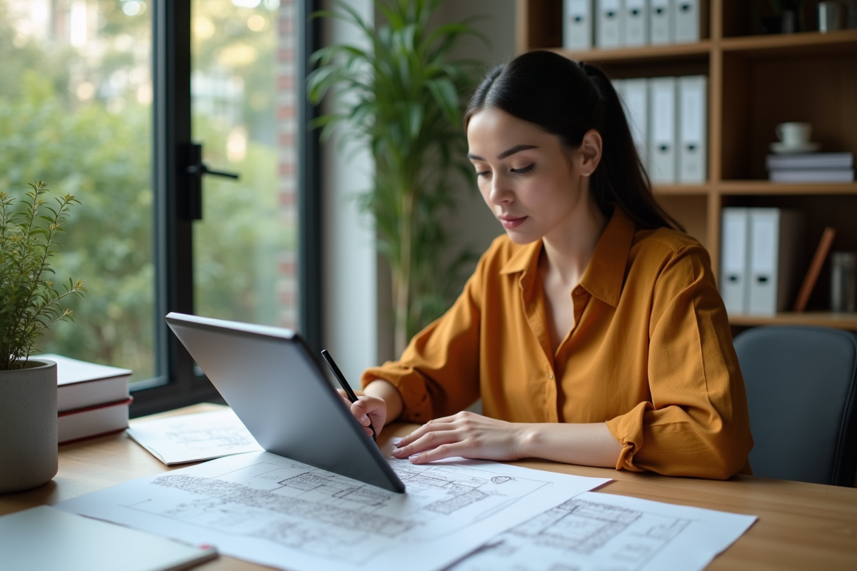 Jeune femme analysant un plan de zonage sur tablette