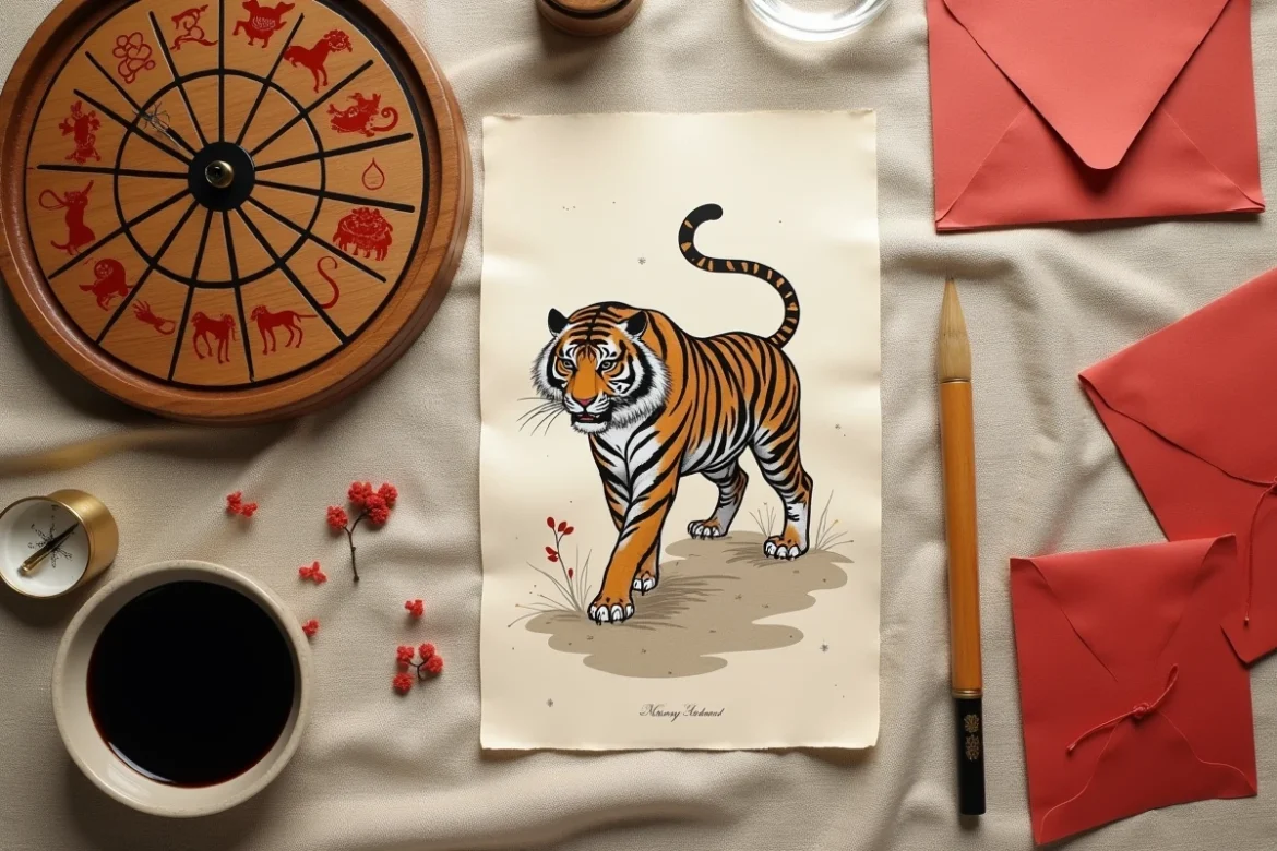 Flat lay d'objets liés à l'astrologie chinoise incluant une roue du zodiaque, une illustration de tigre à l'encre et un pinceau de calligraphie, représentant le Tigre de Terre 1998