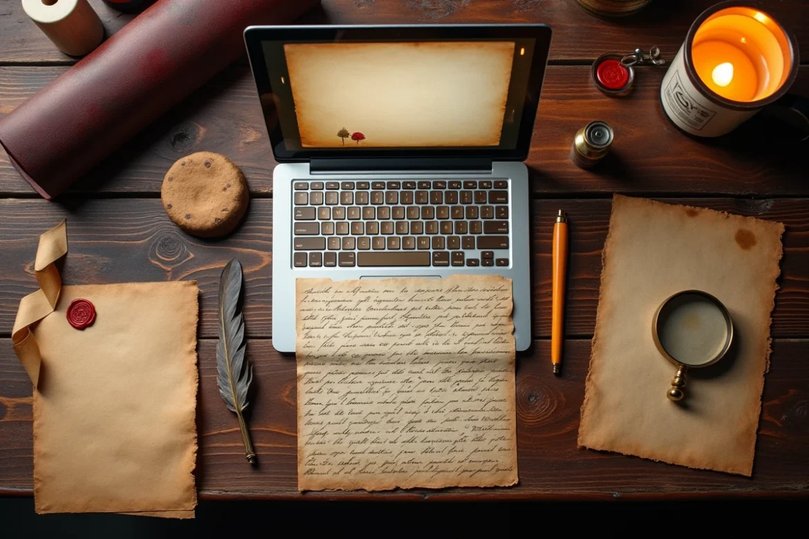 Vue aérienne d'un bureau de recherche historique avec un générateur de courriers napoléoniens ouvert sur un ordinateur portable