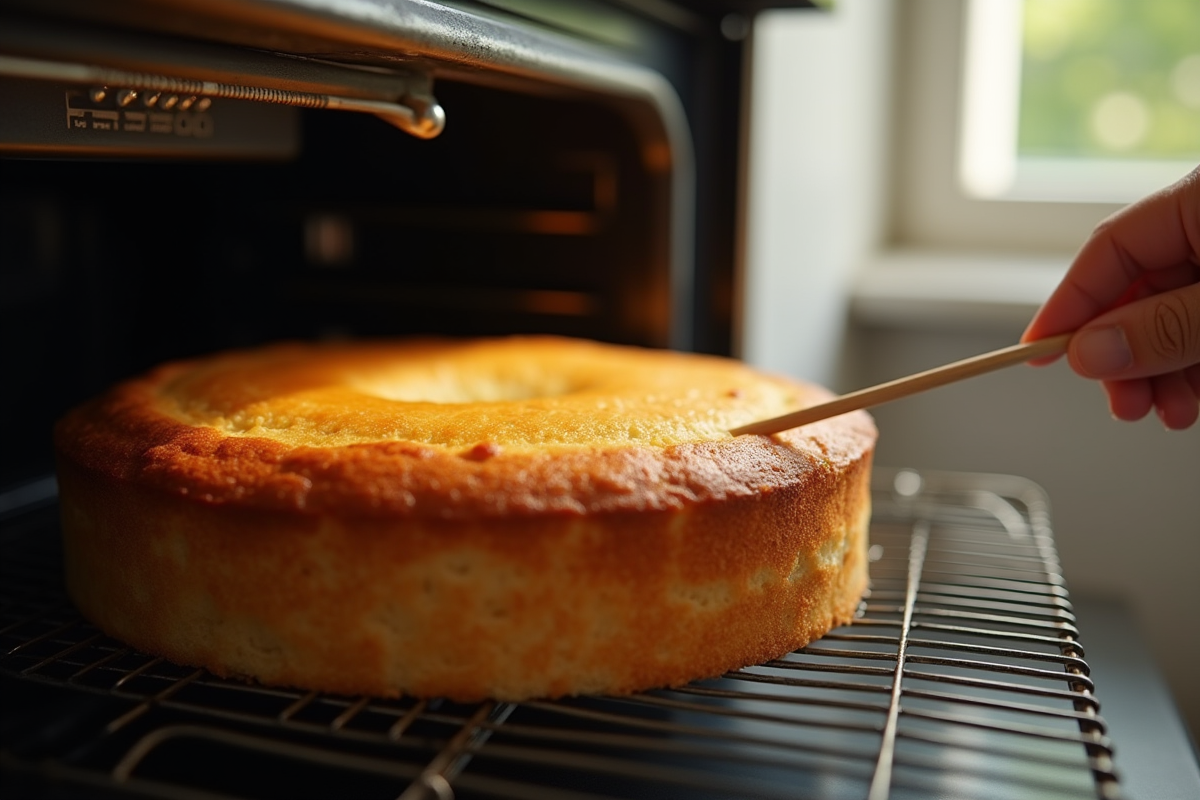 Gâteau doré vérifié avec un cure-dent près du four